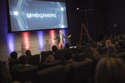 Guest speaker, Mikey Siegel speaks before the audience during the MindGamers: The Experience panel discussion at Red Bull HQ, in Santa Monica, CA, USA on 30 January, 2017.