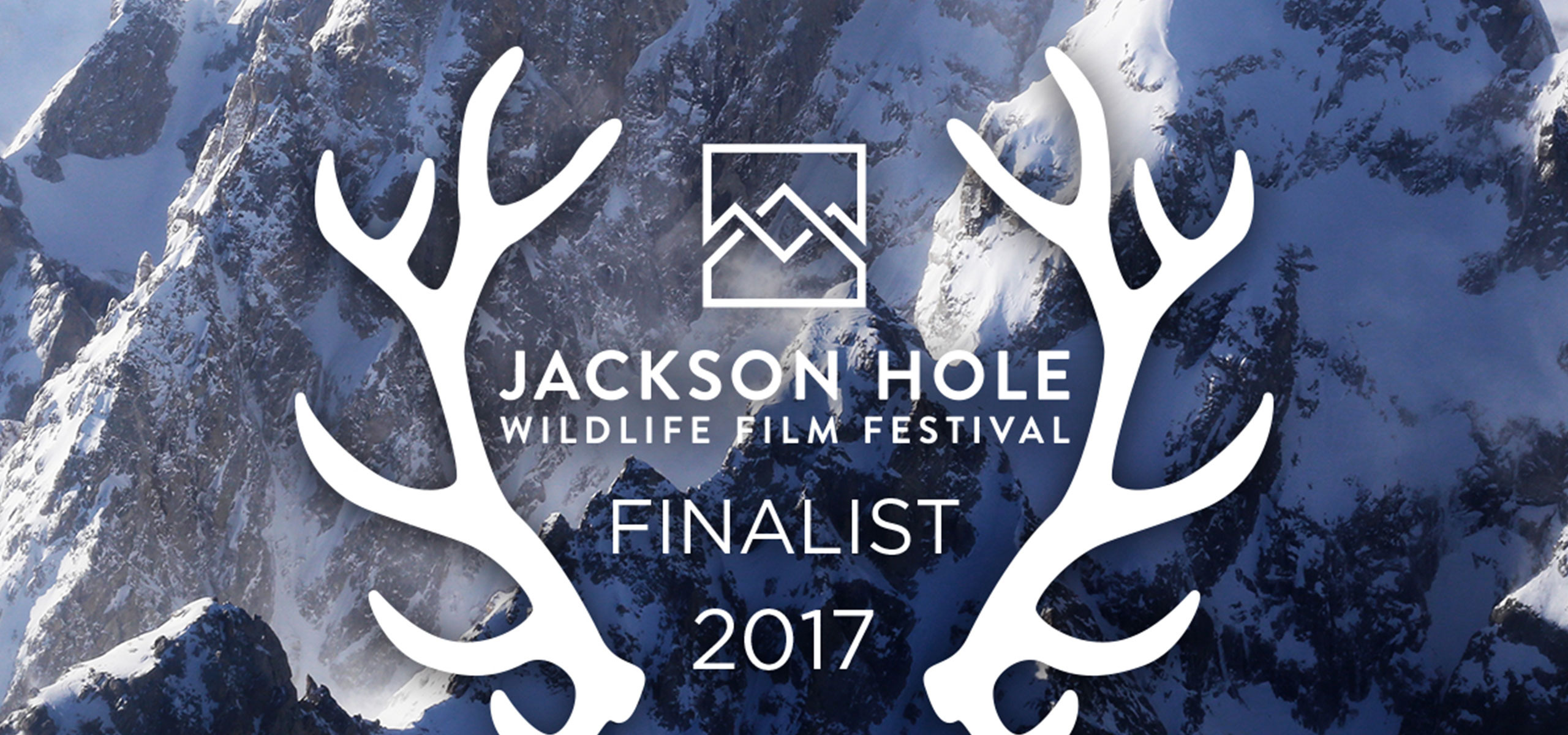 Logo for the 2017 Jackson Hole Wildlife Film Festival Finalist, often dubbed the "nature film Oscars," featuring antlers and mountain graphics over a snowy US mountain backdrop.