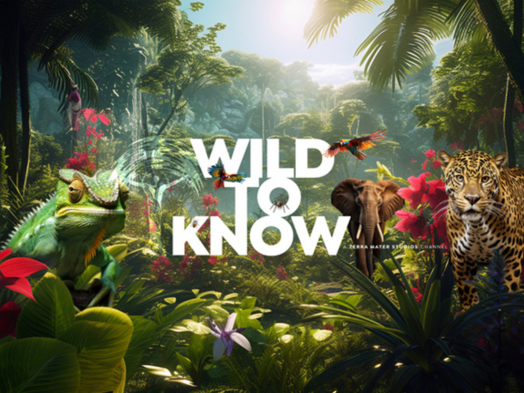 A vibrant jungle scene with lush greenery, red flowers, and various animals, including a chameleon, elephant, and jaguar. Sunlight filters through the trees. The words Wild to Know are prominently displayed in the center.