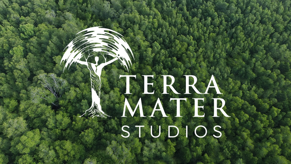 A lush green forest seen from above with a logo overlay of a stylized tree and a person with outstretched arms. The text reads Terra Mater Studios.