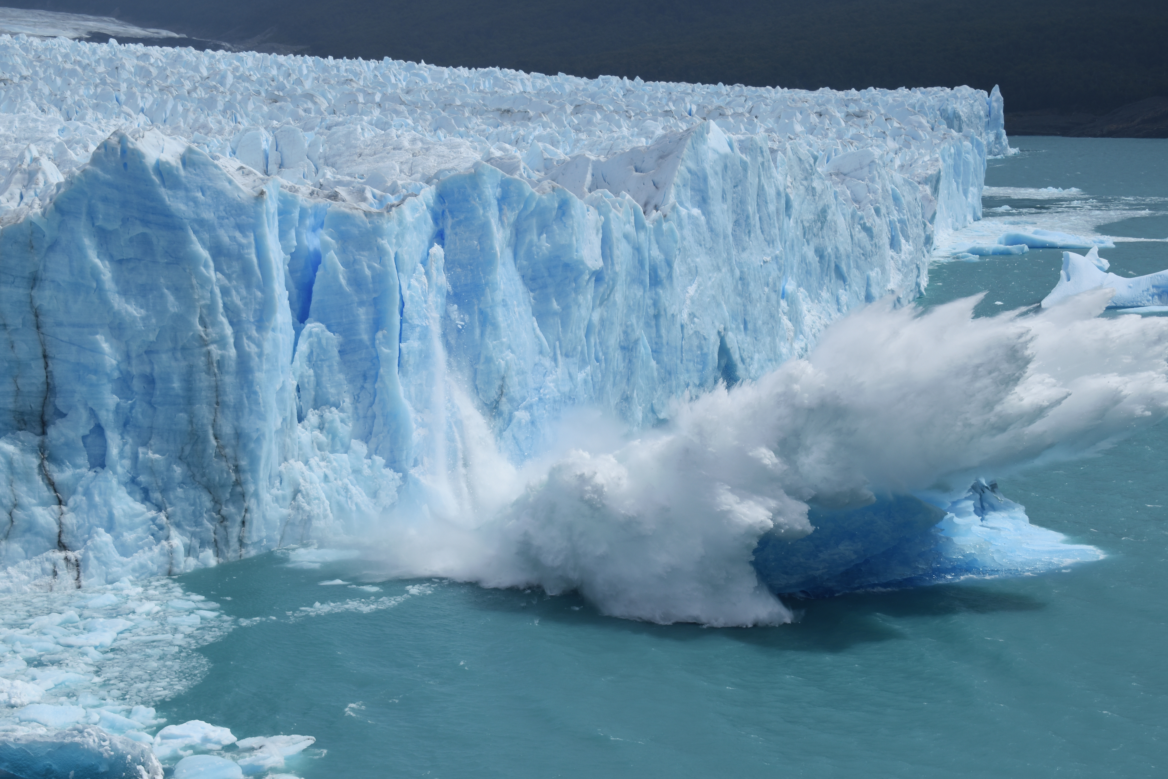 A large chunk of blue ice breaks off a glacier and crashes into turquoise water, creating a splash and waves in this breathtaking New World scene; the glacier extends into the distance.