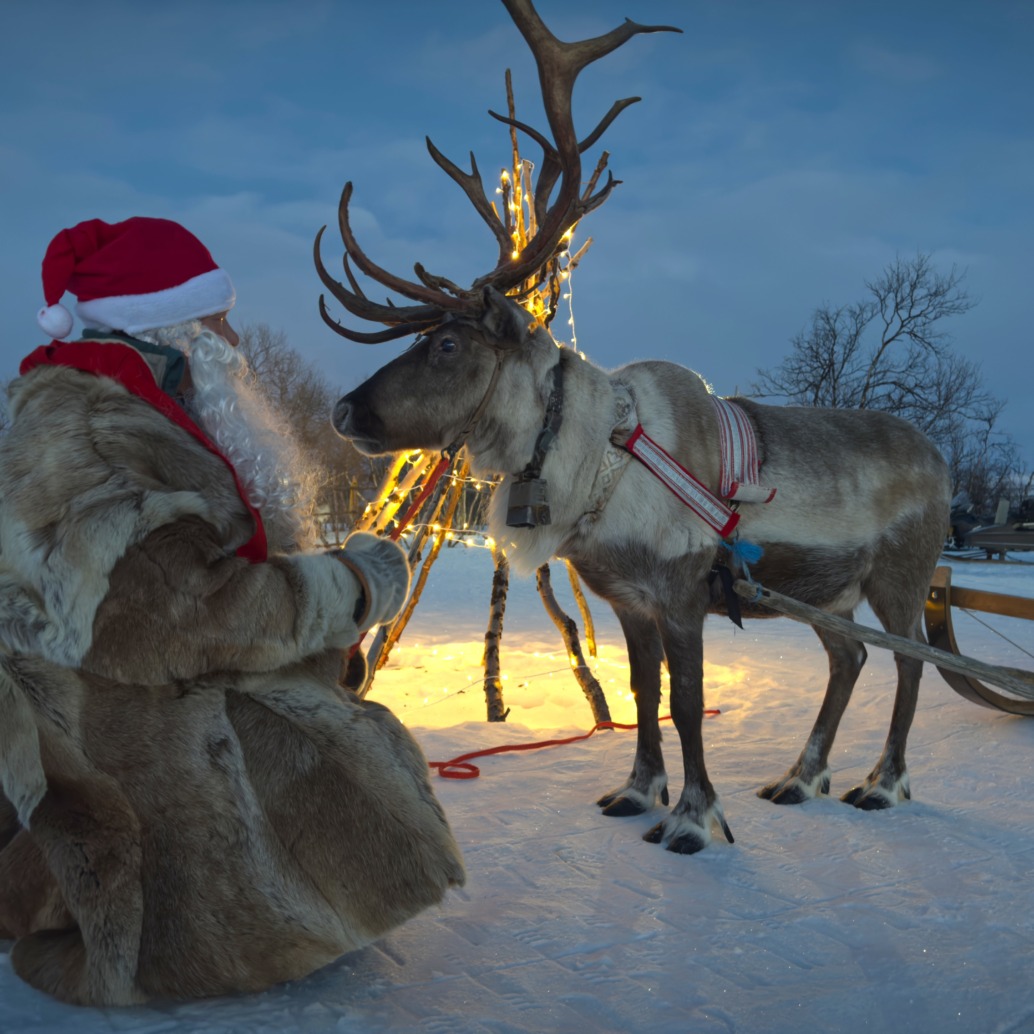 A person dressed as Santa Claus, wearing a red hat and fur coat, kneels in the snow next to a reindeer with lit antlers, harnessed to a sled under a twilight sky, capturing the magic of Christmas and the beauty of nature.