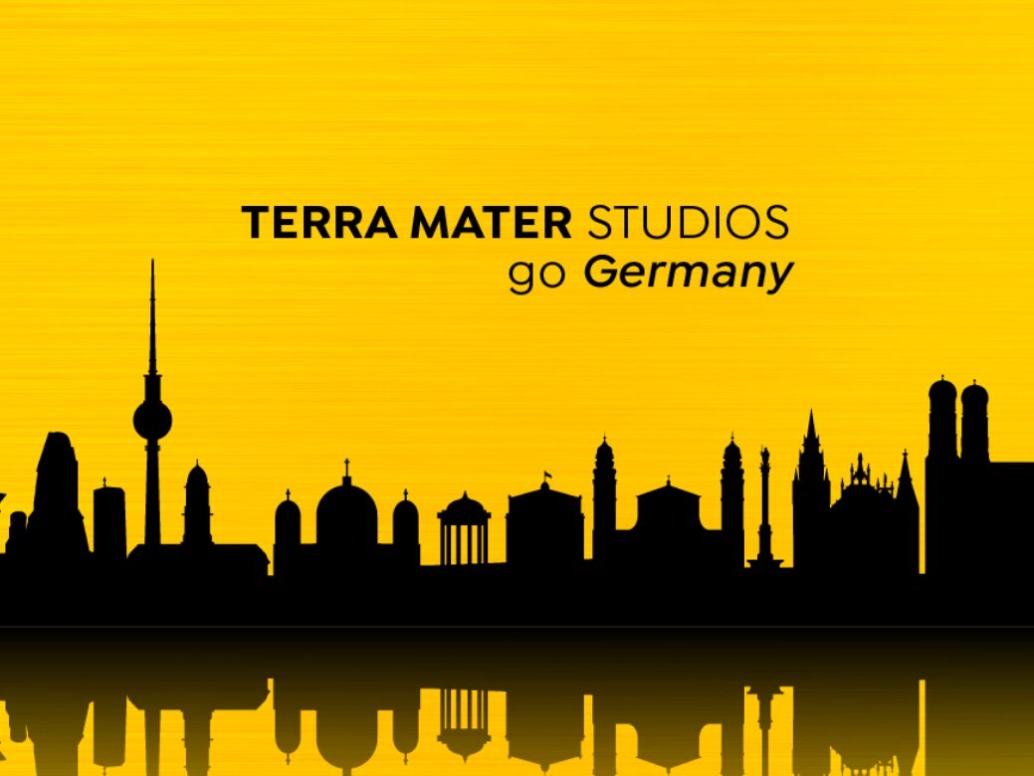 Silhouette of German cityscapes on a yellow background with the text TERRA MATER STUDIOS go Germany above the skyline.