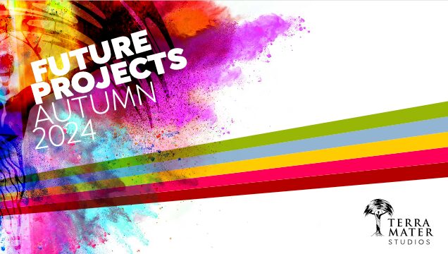 Colorful abstract background with the text Future Projects Aut 2024 in bold white and purple letters, vibrant lines along the bottom, and the TMS (Terra Mater Studios) logo in the lower right corner.