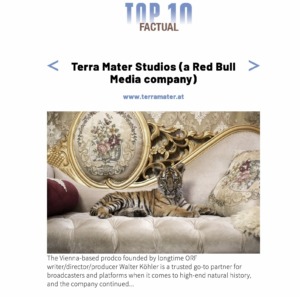 A tiger lounges on an ornate cream and gold sofa with floral cushions in a promotional image for Terra Mater Studios, a Realscreen Top 10 Factual Production company under Red Bull Media.