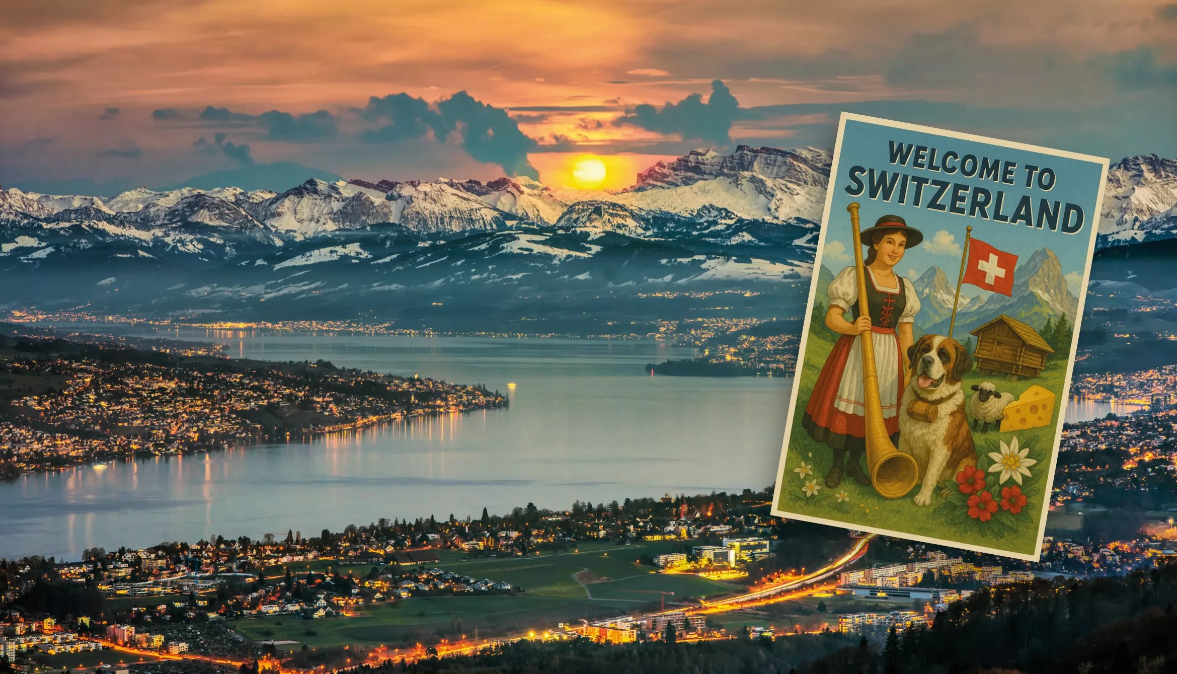 A scenic view of a Swiss lake and mountains at sunset, with city lights below, features a vintage Welcome to Switzerland postcard—perfect for travel enthusiasts—showing a woman in traditional dress, an alpine horn, a dog, and the Swiss flag.