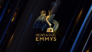 A graphic displays the number 46, an Emmy statuette, and the text News & Doc Emmys on a dark, abstract background with diagonal light streaks, highlighting the prestige of the News & Documentary Emmy Awards and nominees like Patrick and the Whale.