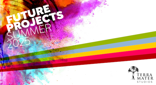 Colorful graphic with splashes of paint and diagonal stripes, featuring the text “TMS Future Projects Summer 2025” and the Terra Mater Studios logo of a stylized bird in the bottom right corner.