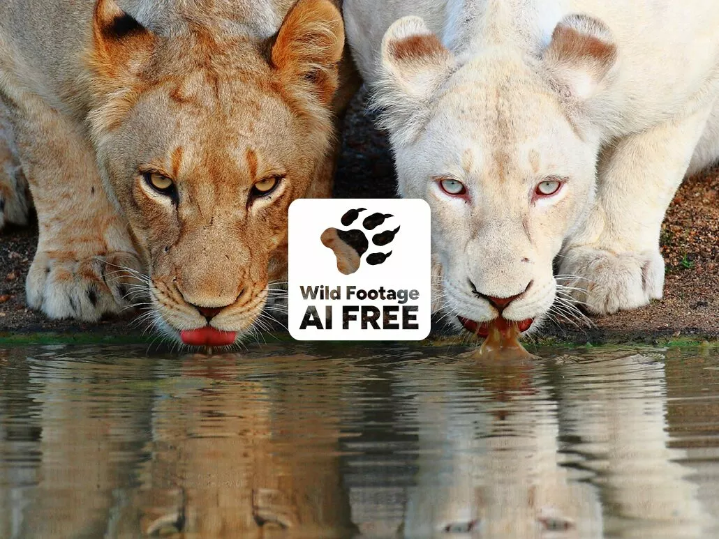 AI-Seal_TerraMater-WildFootage_Lions-Web_1030x773-1 Two lions, one tawny and one white, drink water side by side at the edge of a pond, their reflections vivid against the green-producing scene. A Wild Footage AI FREE logo with a paw print covers part of the image.