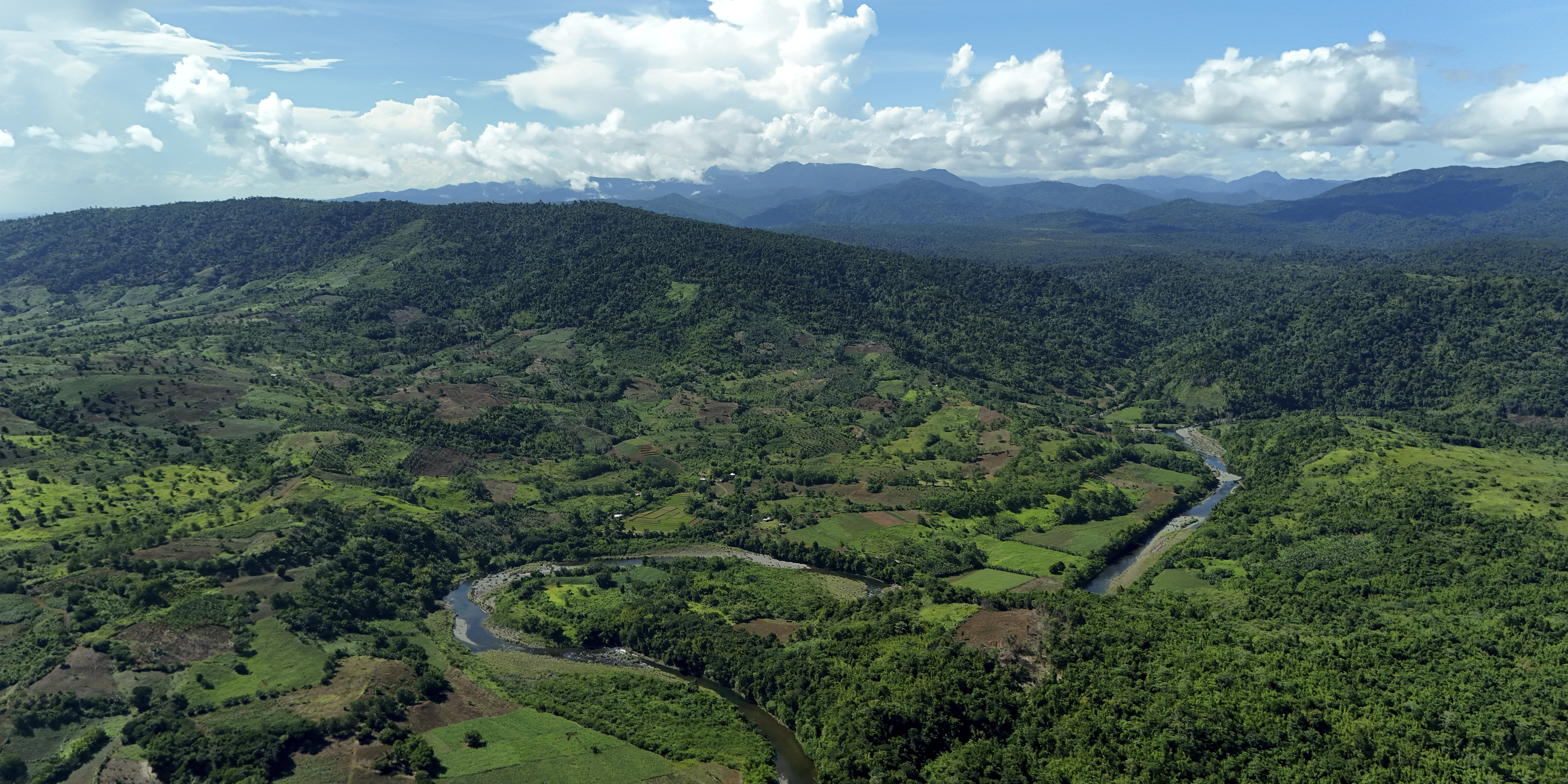 Aerial view of a lush, green landscape with rolling hills, dense forests, open fields, and a winding river under a partly cloudy sky.