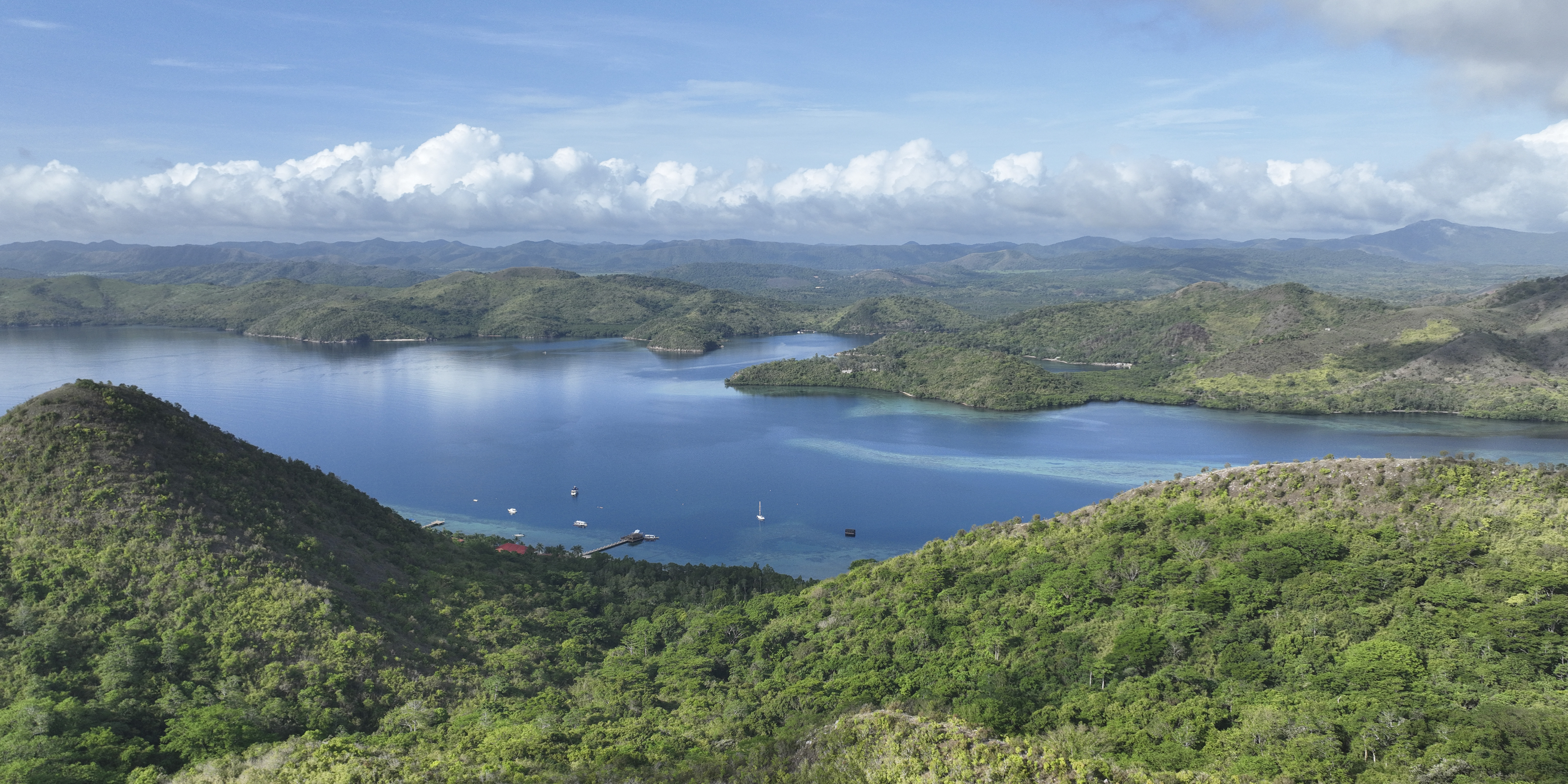 A scenic view of a calm blue bay surrounded by lush green hills and distant mountains under a partly cloudy sky, with a few boats and docks visible along the shoreline.